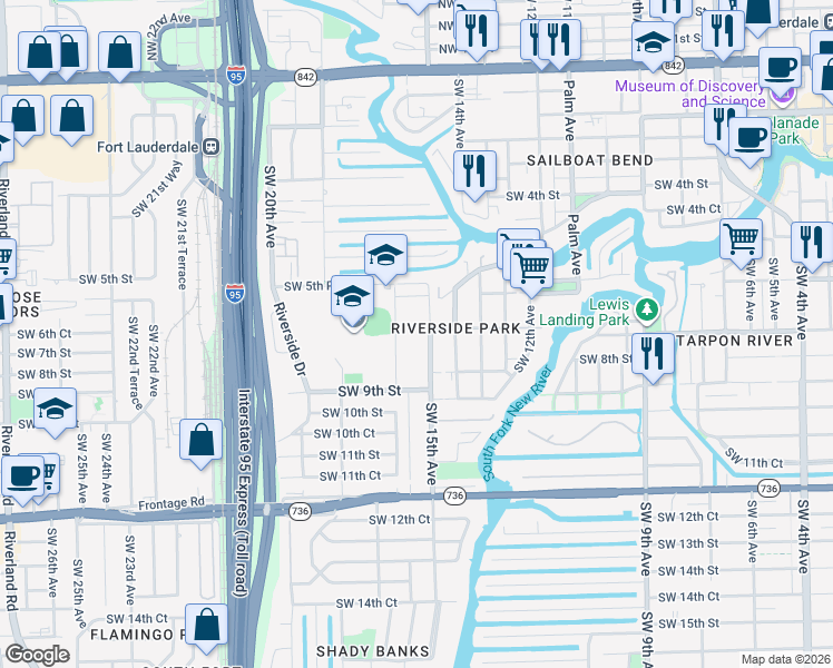 map of restaurants, bars, coffee shops, grocery stores, and more near 626 Southwest 15th Avenue in Fort Lauderdale