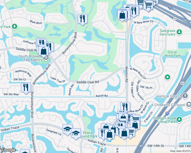 map of restaurants, bars, coffee shops, grocery stores, and more near 332 Fern Drive in Weston