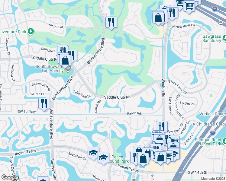 map of restaurants, bars, coffee shops, grocery stores, and more near 16355 Cammi Lane in Weston