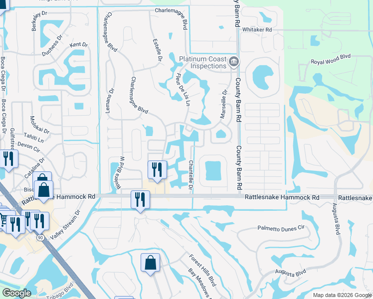map of restaurants, bars, coffee shops, grocery stores, and more near 148 Lake Point Lane in Naples