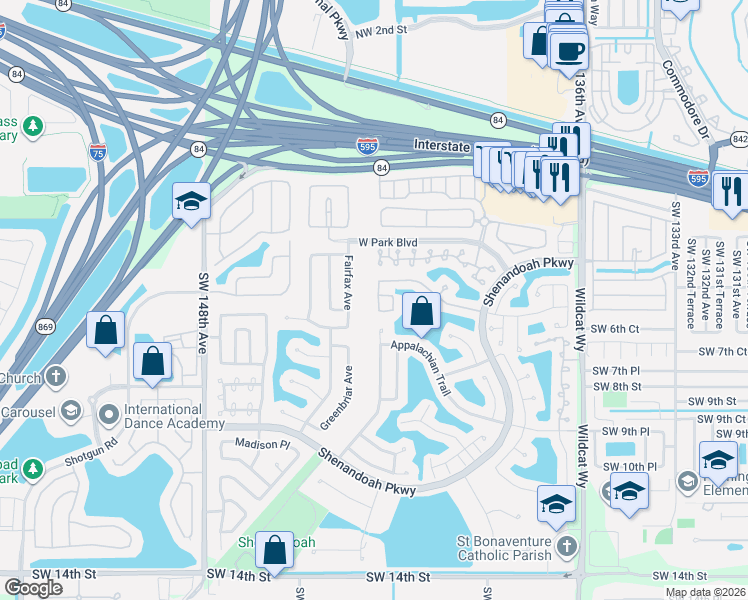 map of restaurants, bars, coffee shops, grocery stores, and more near 14150 Oak Ridge Drive in Davie