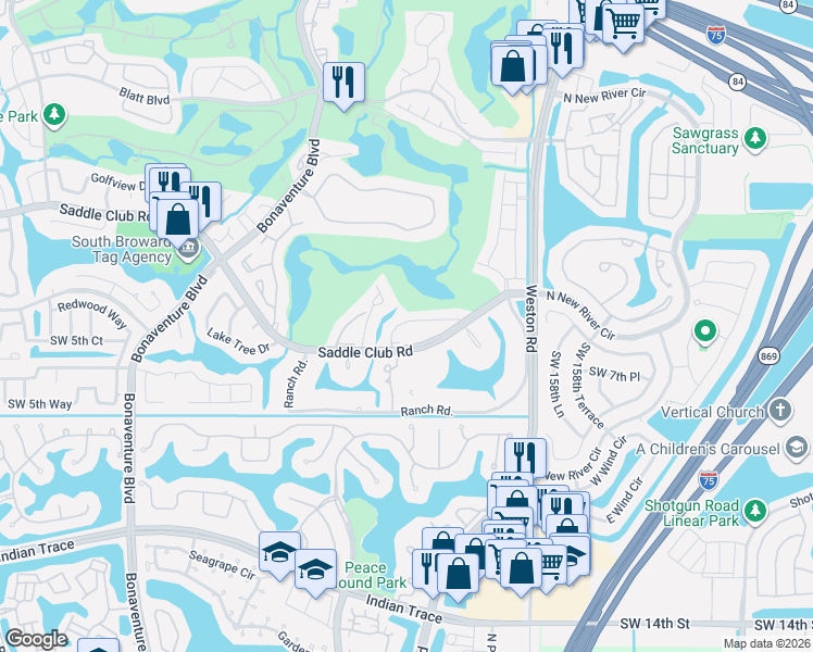 map of restaurants, bars, coffee shops, grocery stores, and more near 16195 Laurel Drive in Weston
