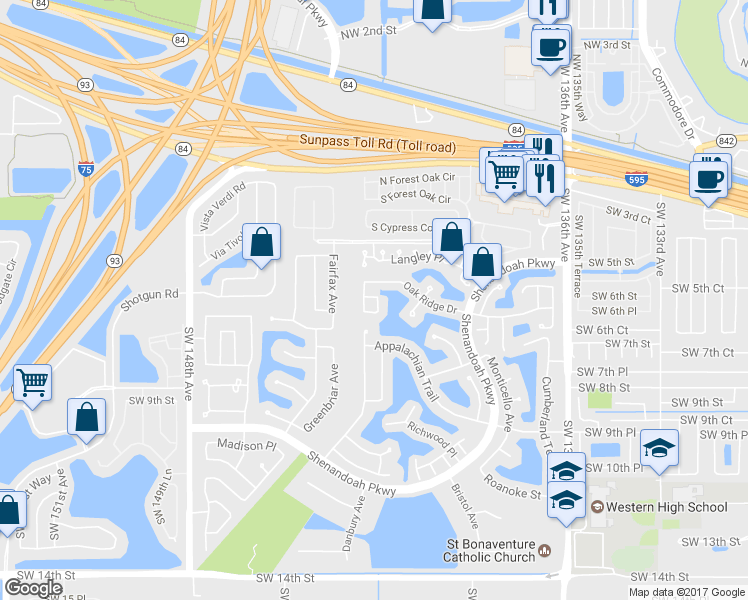 map of restaurants, bars, coffee shops, grocery stores, and more near 601 Lakeshore Terrace in Davie