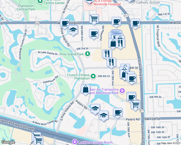 map of restaurants, bars, coffee shops, grocery stores, and more near 600 South Pine Island Road in Plantation