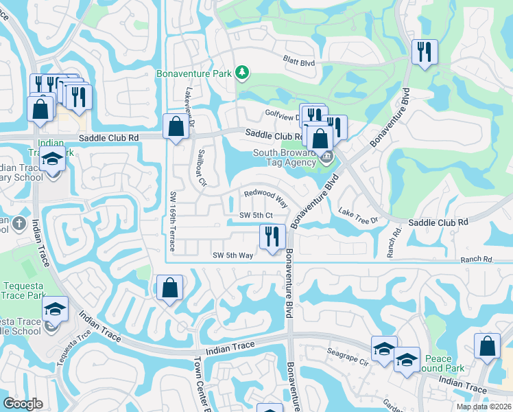 map of restaurants, bars, coffee shops, grocery stores, and more near 490 Southwest 167th Terrace in Weston