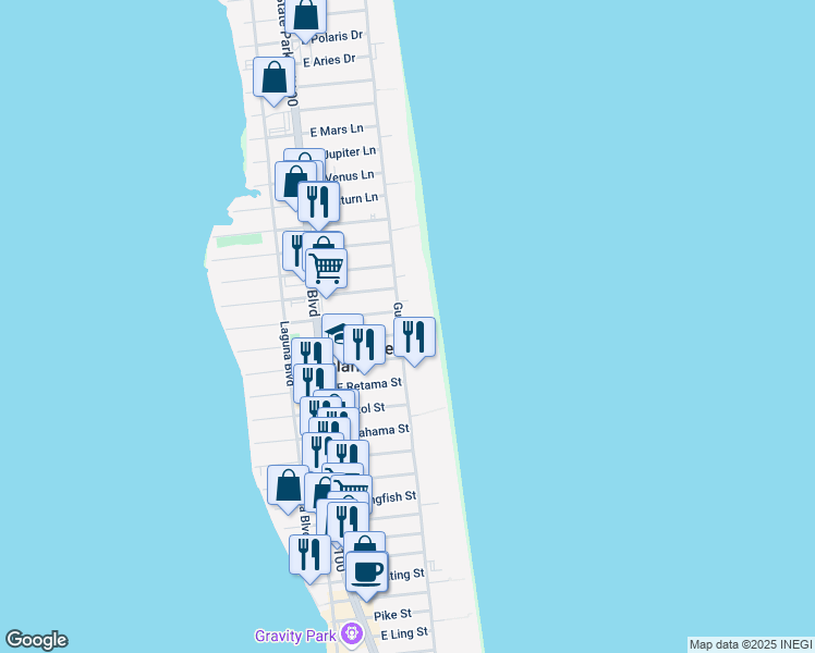 map of restaurants, bars, coffee shops, grocery stores, and more near 3816 Gulf Boulevard in South Padre Island