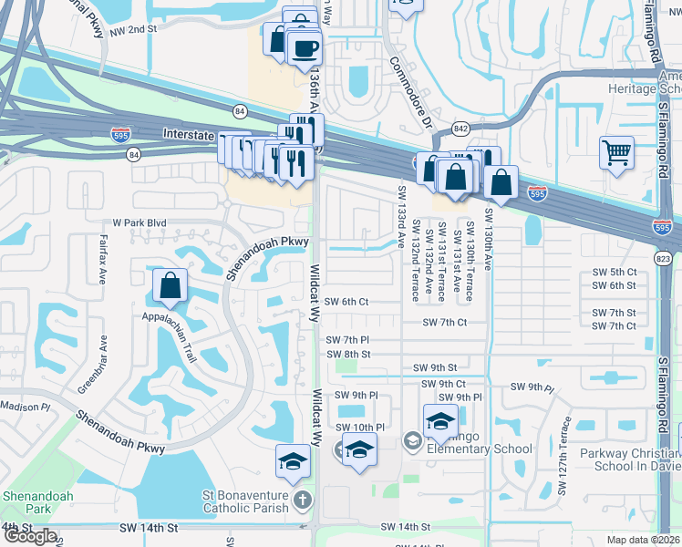 map of restaurants, bars, coffee shops, grocery stores, and more near 551 Southwest 135th Terrace in Davie