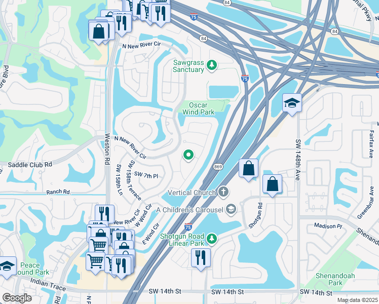 map of restaurants, bars, coffee shops, grocery stores, and more near 15718 Woodgate Place in Sunrise
