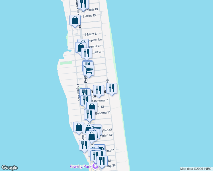 map of restaurants, bars, coffee shops, grocery stores, and more near 3816 Gulf Boulevard in South Padre Island