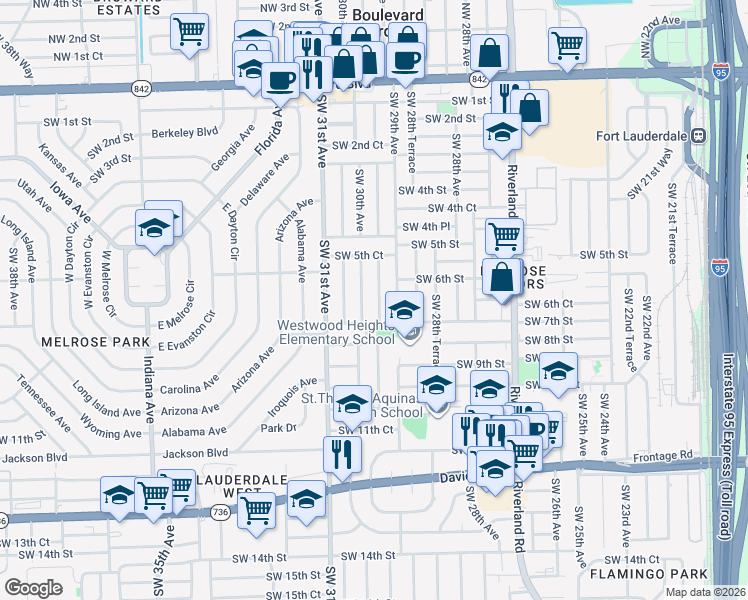 map of restaurants, bars, coffee shops, grocery stores, and more near 631 Southwest 29th Terrace in Fort Lauderdale