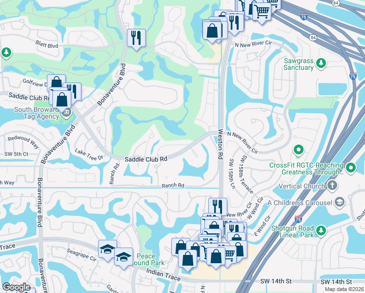 map of restaurants, bars, coffee shops, grocery stores, and more near 16131 Laurel Drive in Weston