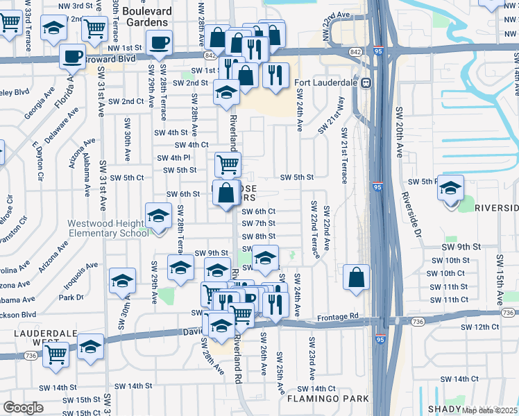 map of restaurants, bars, coffee shops, grocery stores, and more near 2640 Riverland Drive in Fort Lauderdale