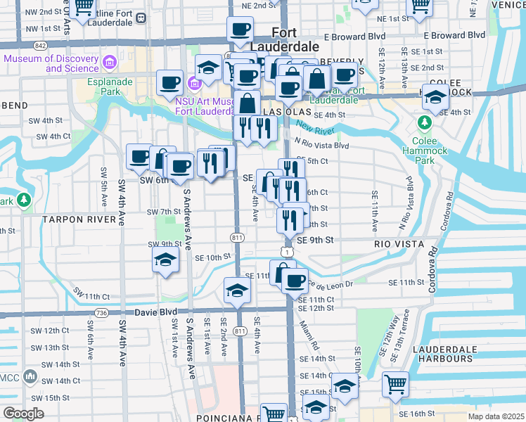 map of restaurants, bars, coffee shops, grocery stores, and more near 644 Southeast 4th Avenue in Fort Lauderdale
