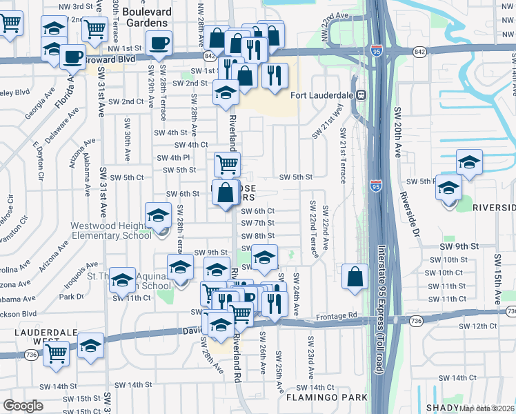 map of restaurants, bars, coffee shops, grocery stores, and more near 2640 Riverland Drive in Fort Lauderdale