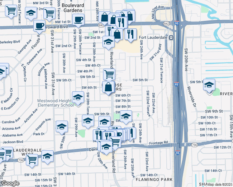 map of restaurants, bars, coffee shops, grocery stores, and more near 601 Southwest 27th Avenue in Fort Lauderdale