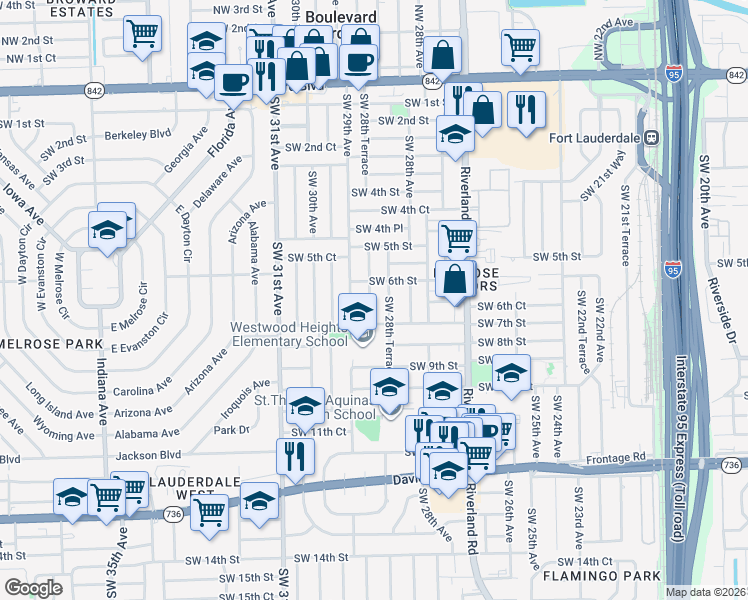 map of restaurants, bars, coffee shops, grocery stores, and more near 601 Southwest 28th Drive in Fort Lauderdale