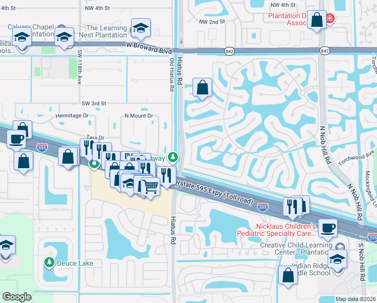 map of restaurants, bars, coffee shops, grocery stores, and more near 11053 Vista Street in Plantation