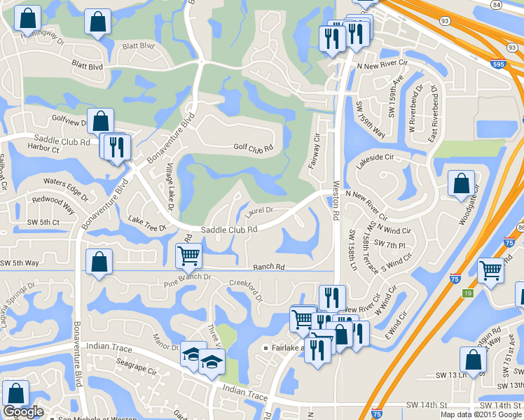 map of restaurants, bars, coffee shops, grocery stores, and more near 16213 Laurel Drive in Weston