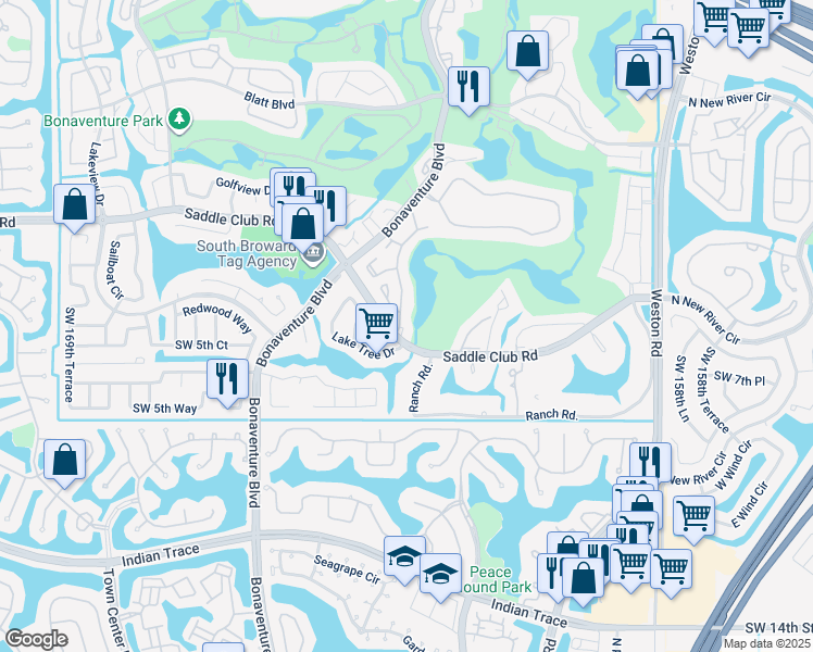 map of restaurants, bars, coffee shops, grocery stores, and more near 607 Village Lake Drive in Weston