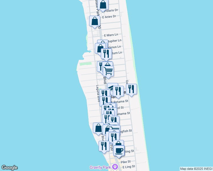 map of restaurants, bars, coffee shops, grocery stores, and more near 106A East Lantana Street in South Padre Island