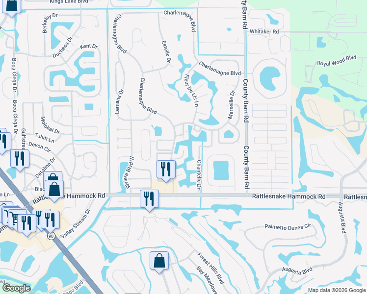map of restaurants, bars, coffee shops, grocery stores, and more near 148 Lake Point Lane in Naples