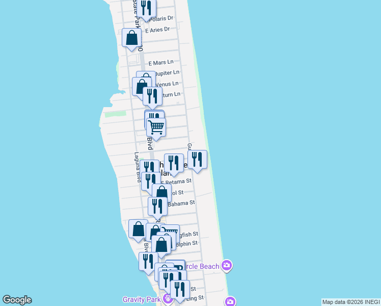 map of restaurants, bars, coffee shops, grocery stores, and more near 3816 Gulf Boulevard in South Padre Island
