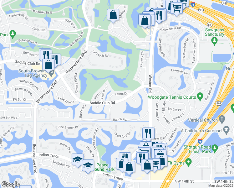 map of restaurants, bars, coffee shops, grocery stores, and more near 16213 Laurel Drive in Weston