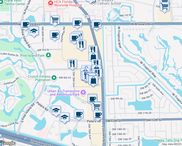 map of restaurants, bars, coffee shops, grocery stores, and more near 821 South University Drive in Plantation