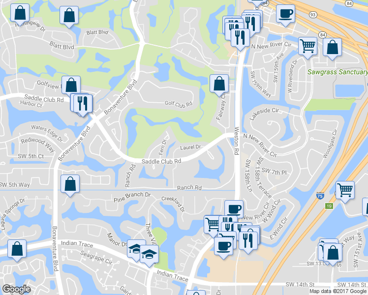 map of restaurants, bars, coffee shops, grocery stores, and more near 16195 Laurel Drive in Weston
