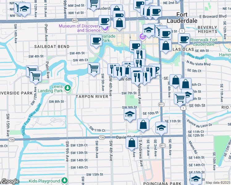 map of restaurants, bars, coffee shops, grocery stores, and more near 629 Southwest 3rd Avenue in Fort Lauderdale