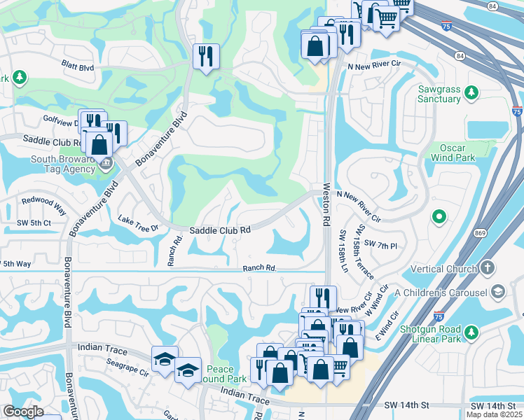 map of restaurants, bars, coffee shops, grocery stores, and more near 16213 Laurel Drive in Weston