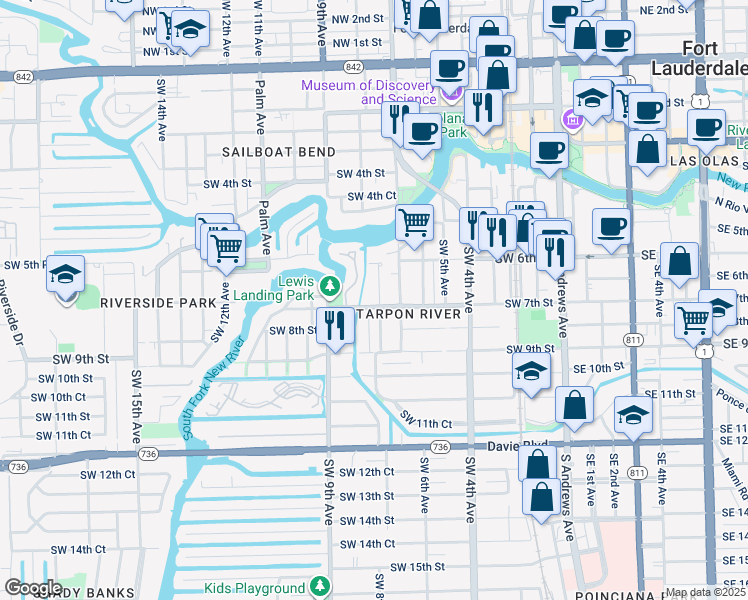 map of restaurants, bars, coffee shops, grocery stores, and more near 628 Southwest 8th Avenue in Fort Lauderdale