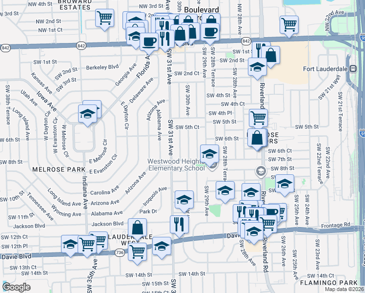 map of restaurants, bars, coffee shops, grocery stores, and more near 631 Southwest 30th Terrace in Fort Lauderdale
