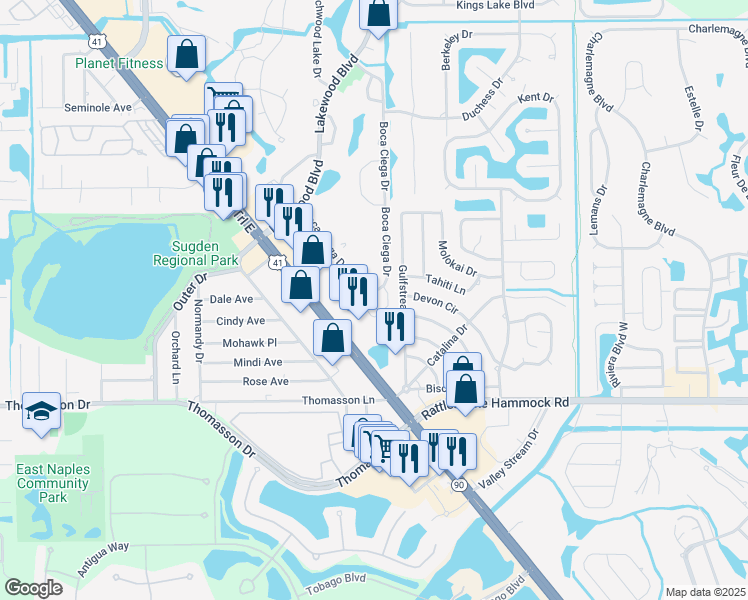 map of restaurants, bars, coffee shops, grocery stores, and more near 4320 Gulfstream Drive in Naples