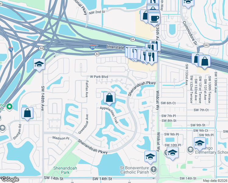 map of restaurants, bars, coffee shops, grocery stores, and more near 14041 Oak Ridge Drive in Davie