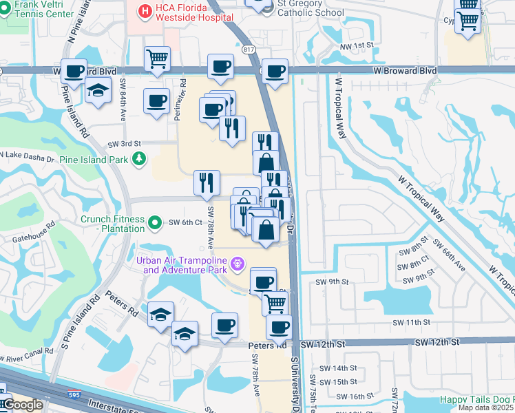 map of restaurants, bars, coffee shops, grocery stores, and more near 821 South University Drive in Plantation