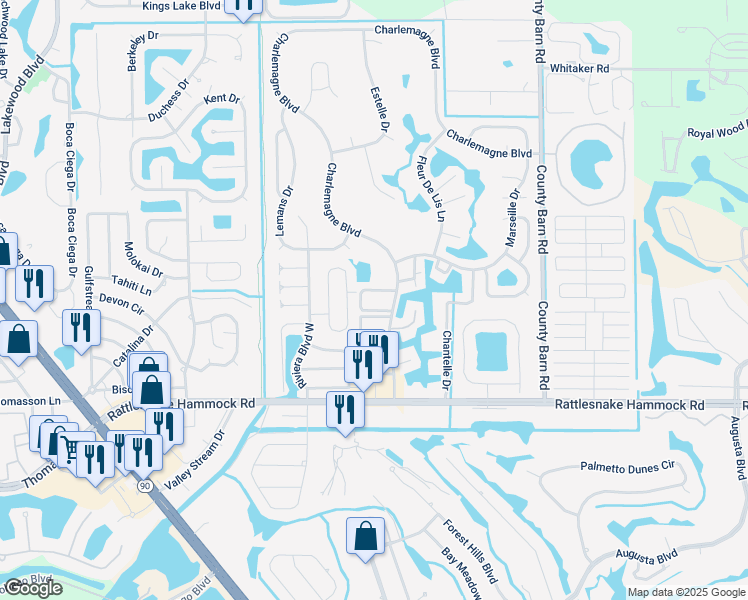 map of restaurants, bars, coffee shops, grocery stores, and more near 401 Charlemagne Boulevard in Naples