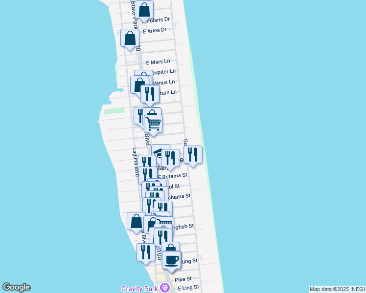 map of restaurants, bars, coffee shops, grocery stores, and more near 122 East Lantana Street in South Padre Island