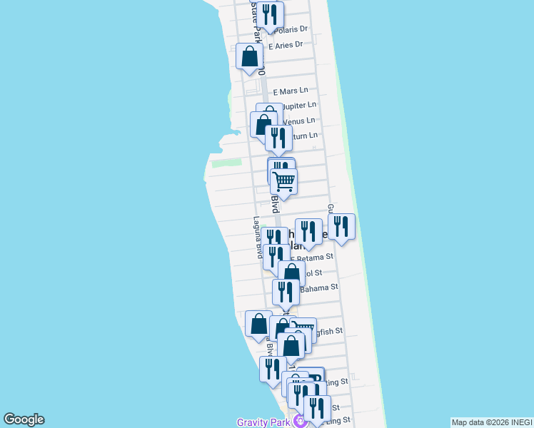 map of restaurants, bars, coffee shops, grocery stores, and more near 3913 Padre Boulevard in South Padre Island