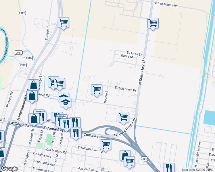 map of restaurants, bars, coffee shops, grocery stores, and more near 1300 High Lowe Drive in Hidalgo
