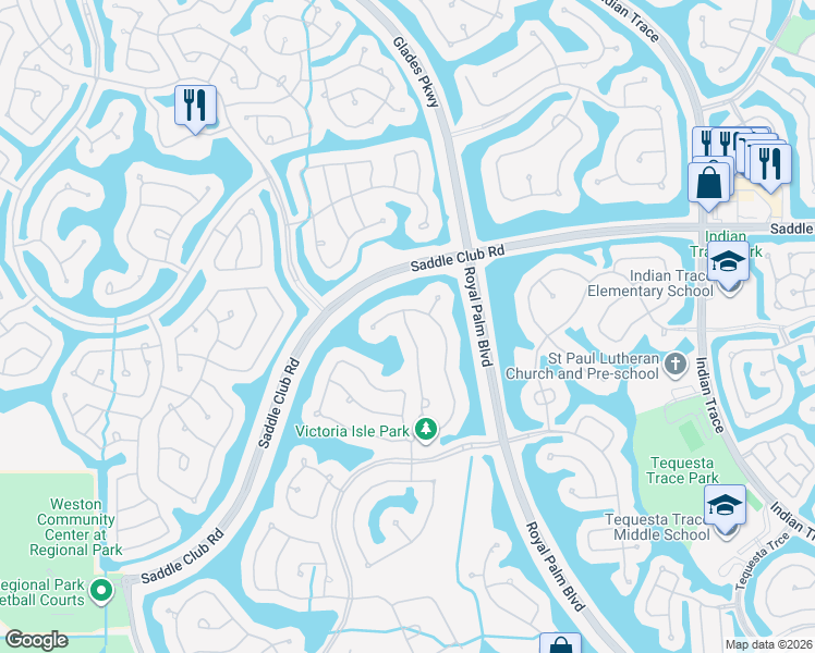 map of restaurants, bars, coffee shops, grocery stores, and more near 1397 Victoria Isle Drive in Weston