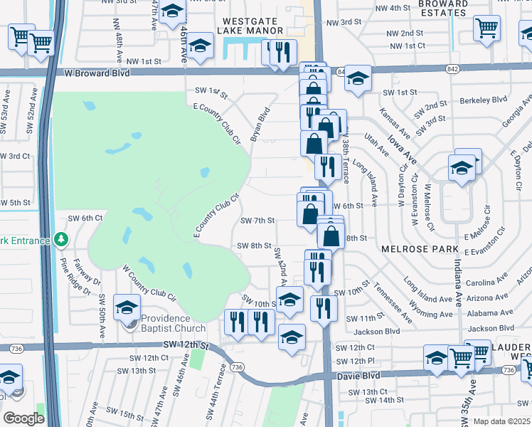 map of restaurants, bars, coffee shops, grocery stores, and more near 4221 Southwest 7th Street in Plantation
