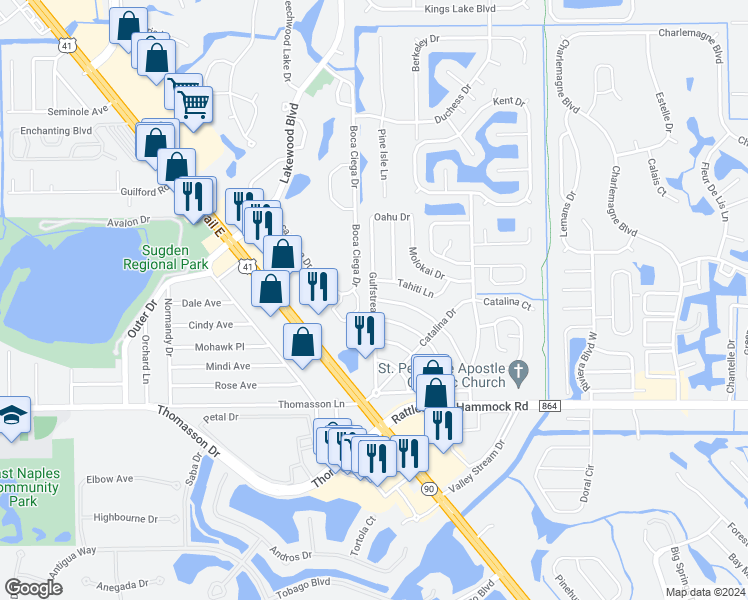 map of restaurants, bars, coffee shops, grocery stores, and more near 4321 Gulfstream Drive in Naples