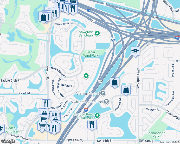 map of restaurants, bars, coffee shops, grocery stores, and more near 15718 Woodgate Place in Sunrise