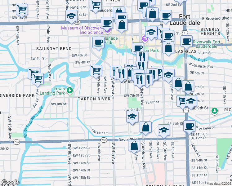 map of restaurants, bars, coffee shops, grocery stores, and more near 629 Southwest 3rd Avenue in Fort Lauderdale