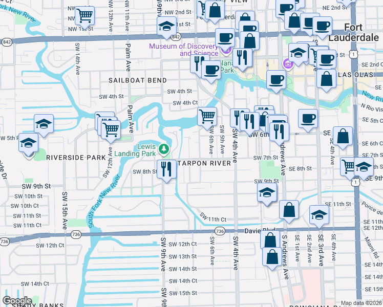 map of restaurants, bars, coffee shops, grocery stores, and more near 628 Southwest 8th Avenue in Fort Lauderdale