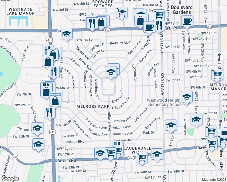 map of restaurants, bars, coffee shops, grocery stores, and more near 611 East Campus Circle in Fort Lauderdale