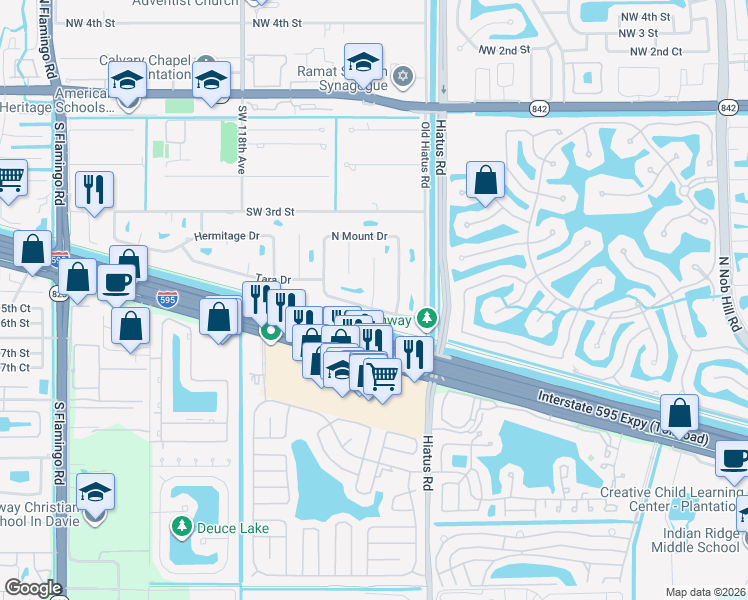 map of restaurants, bars, coffee shops, grocery stores, and more near 11439 Tara Drive in Plantation