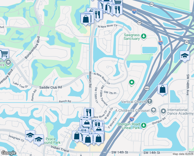 map of restaurants, bars, coffee shops, grocery stores, and more near 15901 North Wind Circle in Sunrise