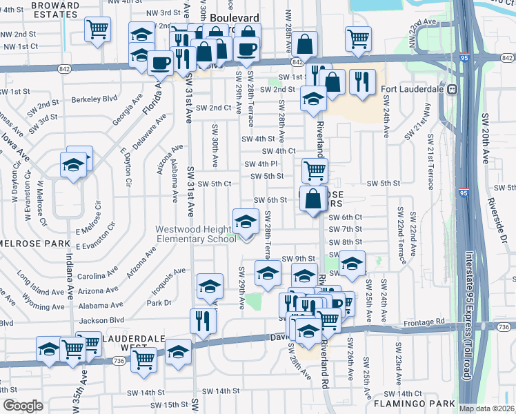 map of restaurants, bars, coffee shops, grocery stores, and more near 610 Southwest 28th Drive in Fort Lauderdale